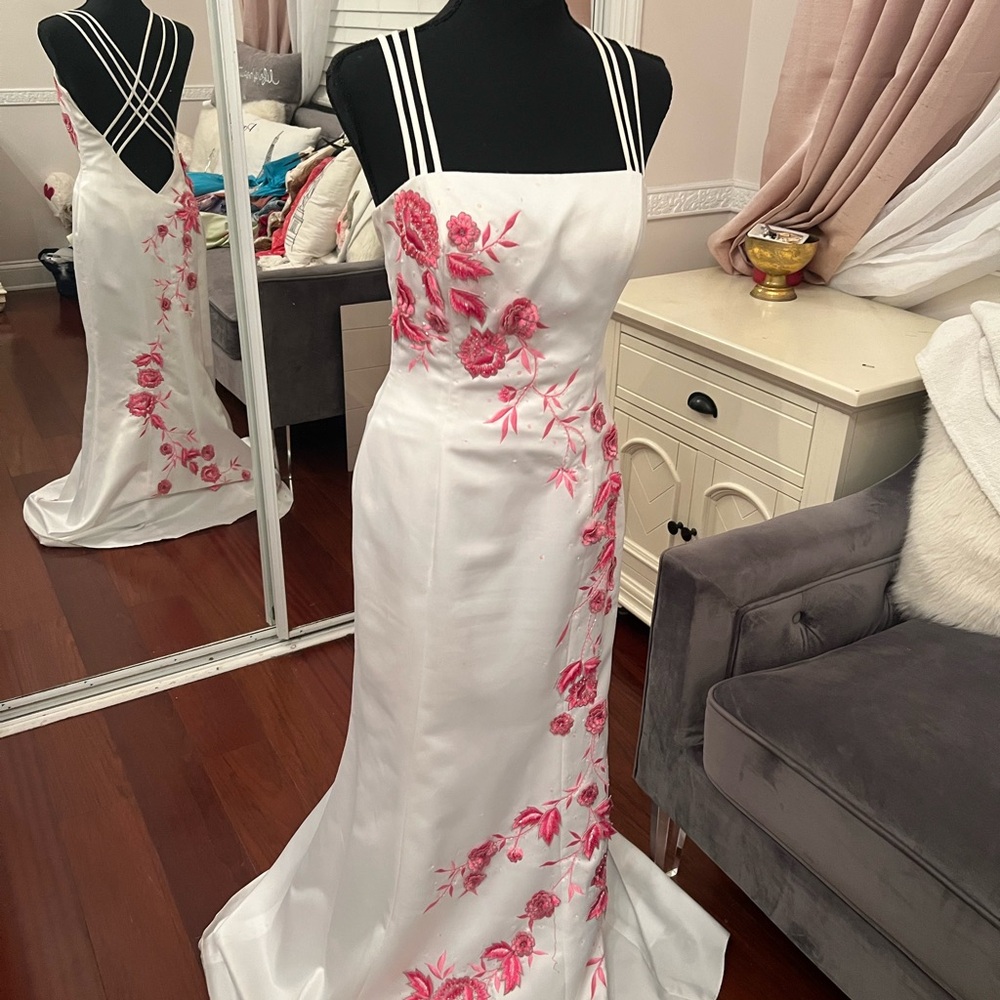 White Satin Dress with Pink Floral Embroidery